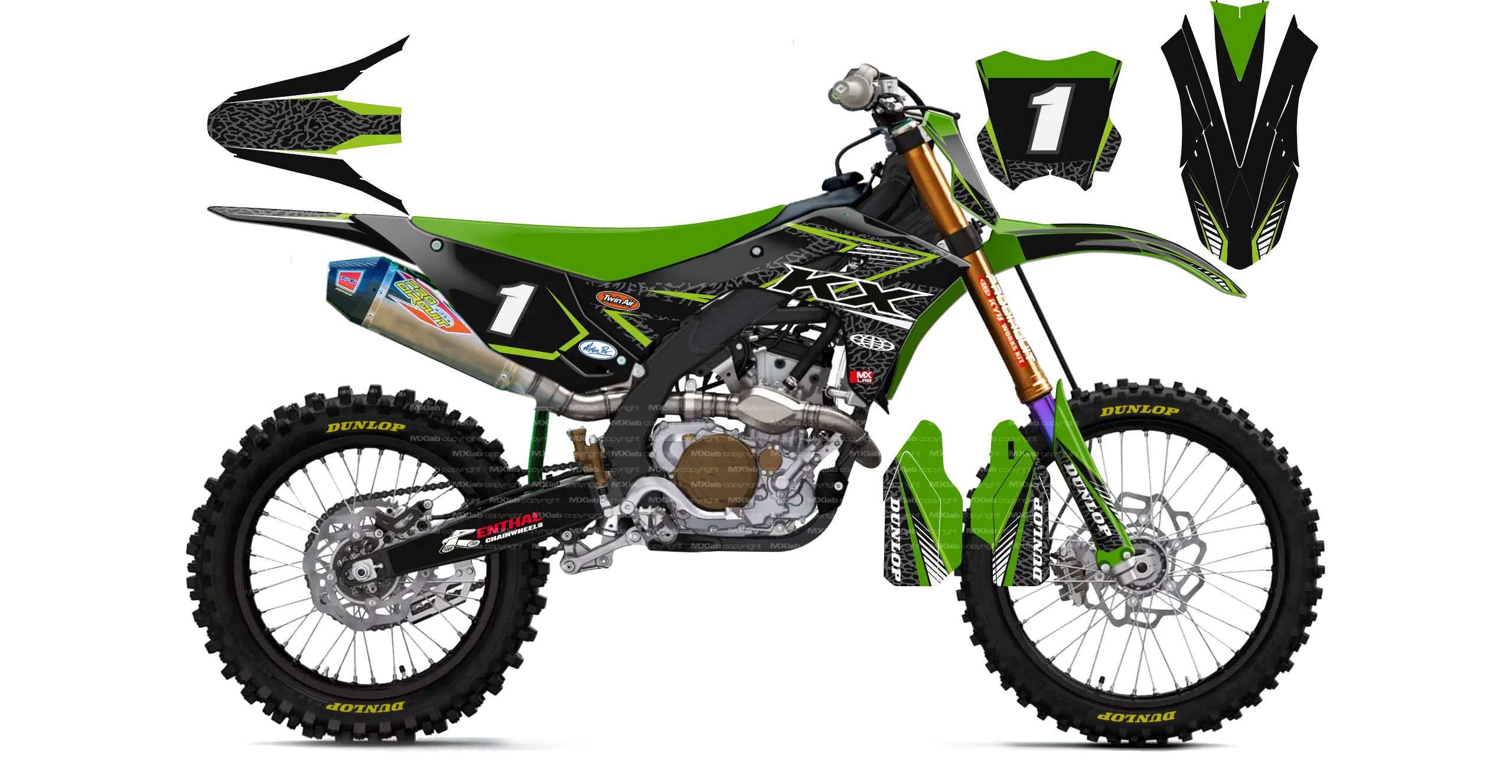 Kit déco Kawasaki LAB1 BLACK - Motocross & Enduro personnalisable