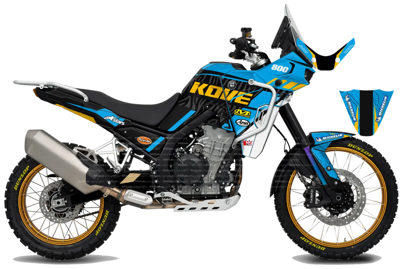 Kove 800X PRO ROADBOOK CYAN graphics kit, right side view, cyan and black contour pattern with yellow accents