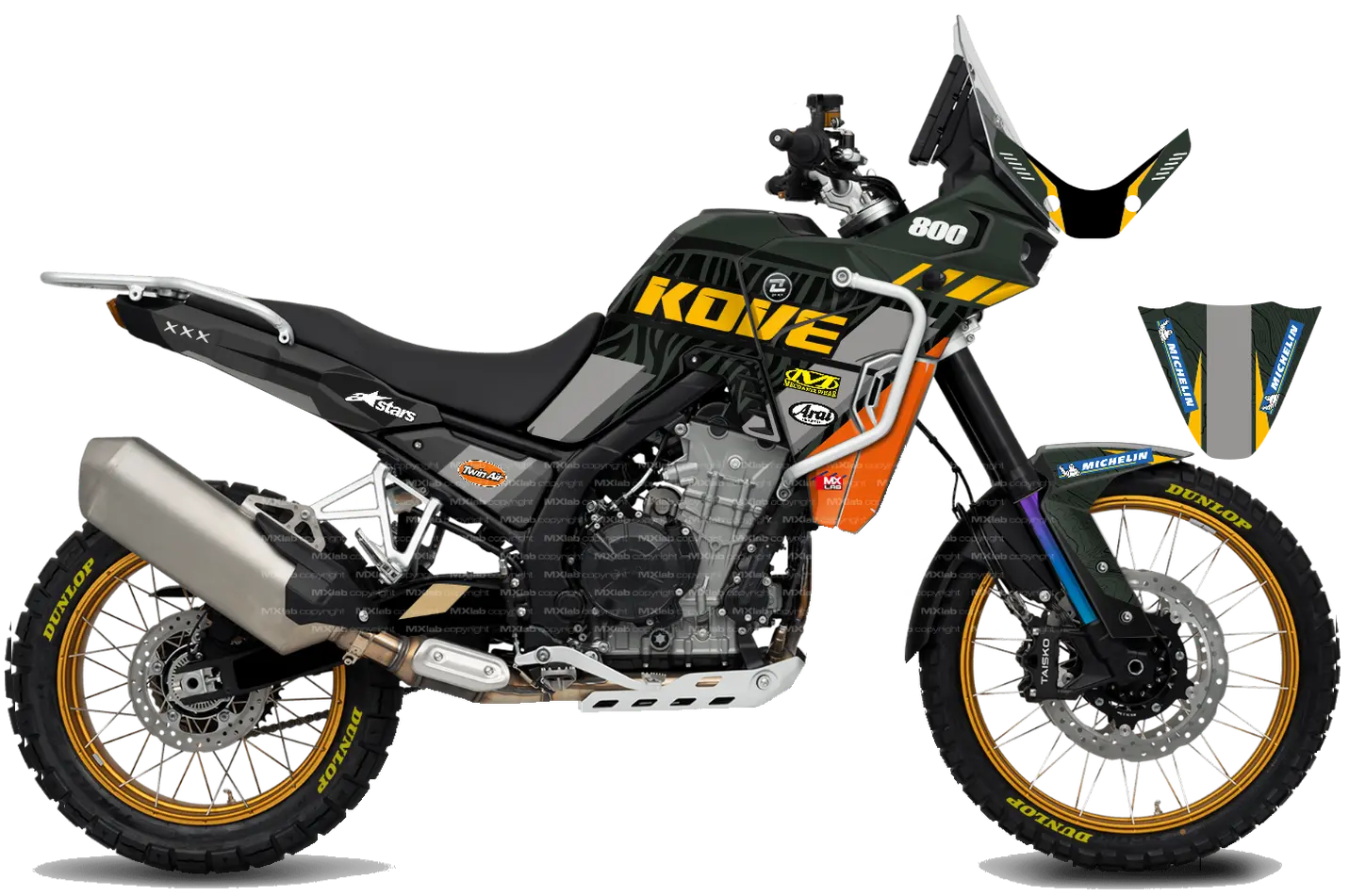 Kit déco Roadbook Khaki pour Kove 800X PRO, profil droit, kaki et noir à motif topographique