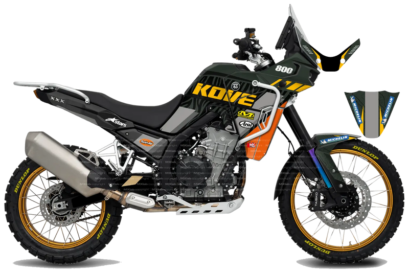 Kove 800X PRO ROADBOOK KHAKI graphics kit, right side view, khaki and black contour pattern with orange accents