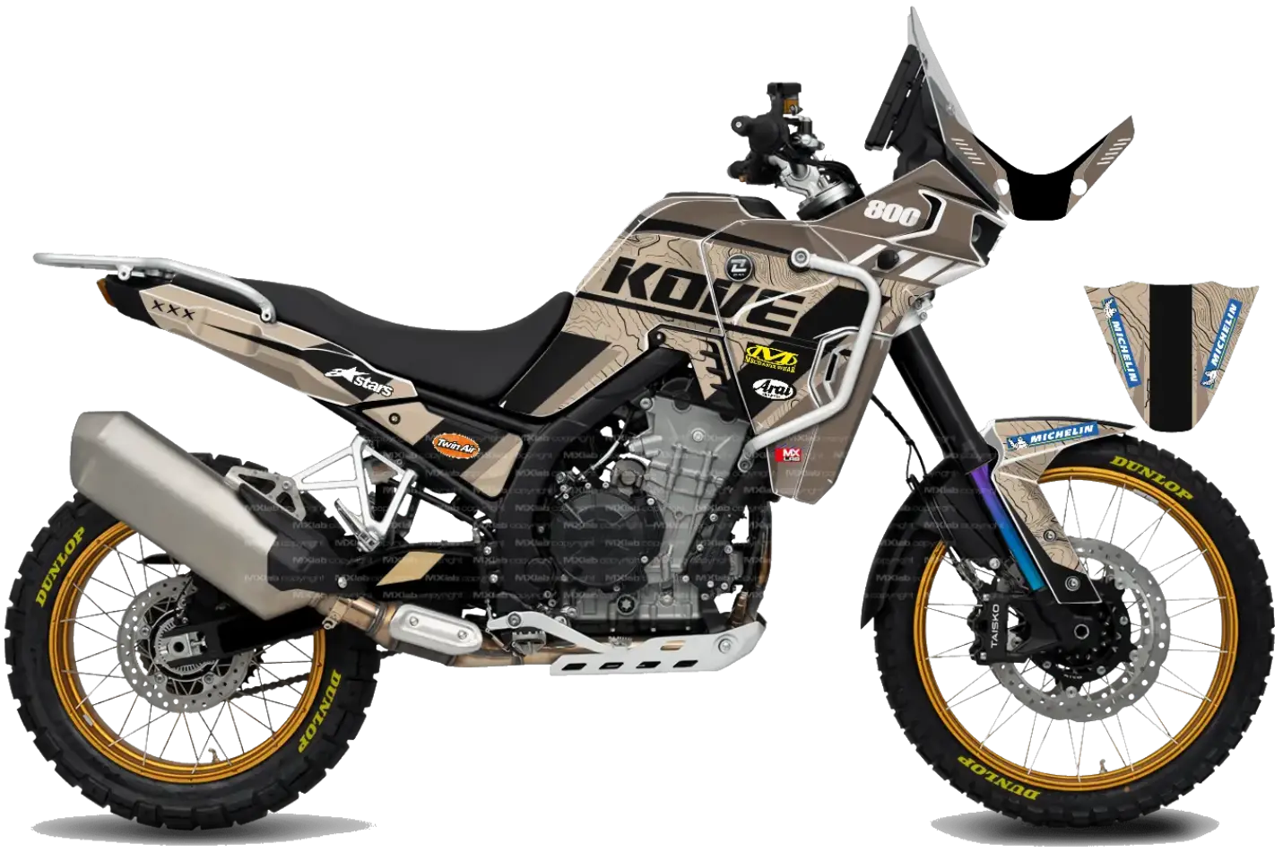 Kit déco Roadbook Sand pour Kove 800X PRO, profil droit, sable et noir à motif topographique