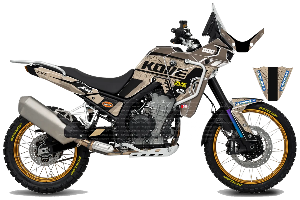 Kove 800X PRO ROADBOOK SAND graphics kit, right side view, sand and black contour pattern