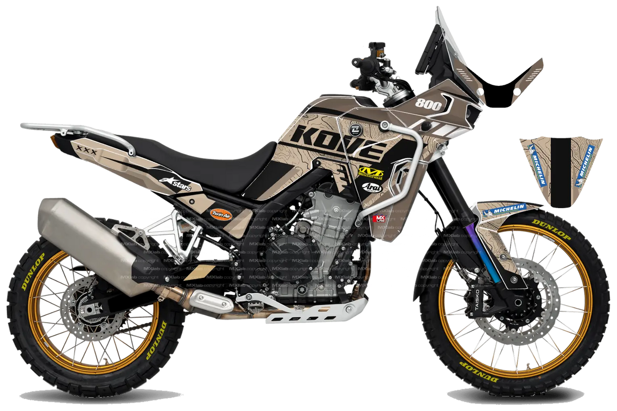 Kit déco ROADBOOK SAND pour Kove 800X PRO, profil droit, sable et noir à motif topographique