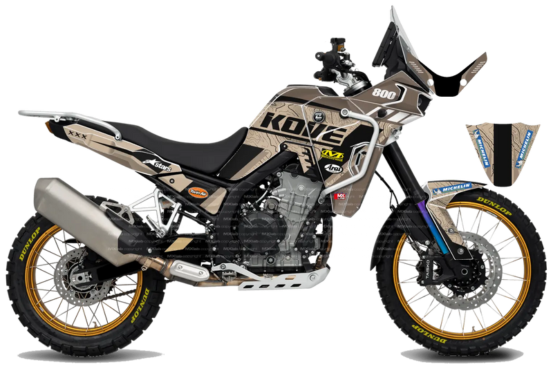 Kove 800X PRO ROADBOOK SAND graphics kit, right side view, sand and black contour pattern