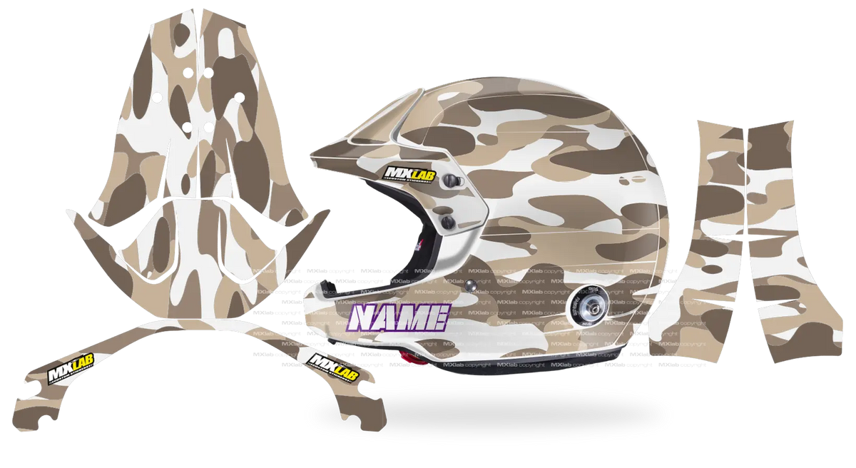 Kit déco casque Stilo Venti4 CAMO DESERT, camouflage sable, beige et blanc, pièces à plat et rendu posé de profil