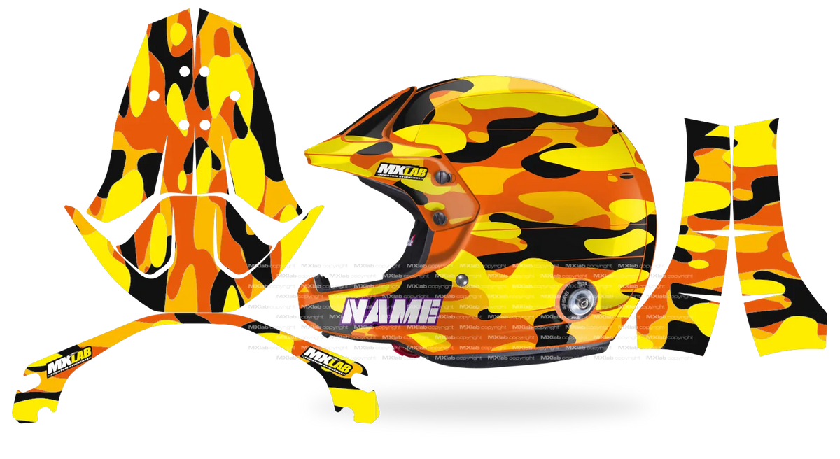 Kit déco casque Stilo Venti4 CAMO ORANGE, camouflage orange, jaune et noir, pièces à plat et rendu posé de profil