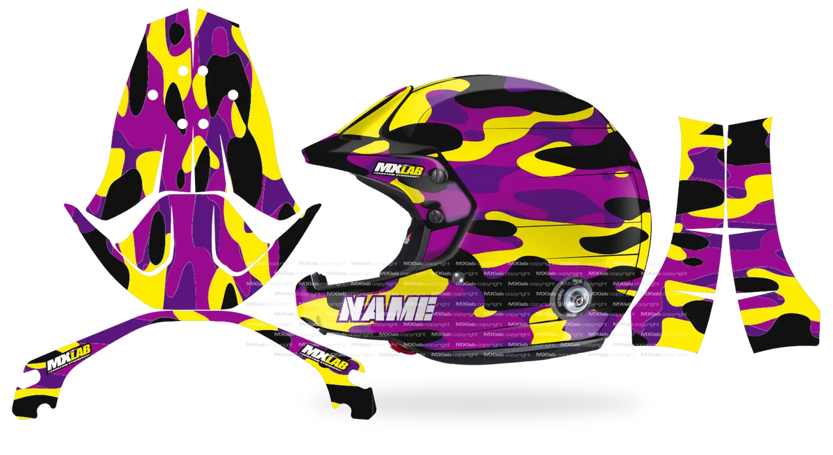 Kit déco casque Stilo Venti4 CAMO PURPLE, camouflage violet, jaune et noir, pièces à plat et rendu posé de profil