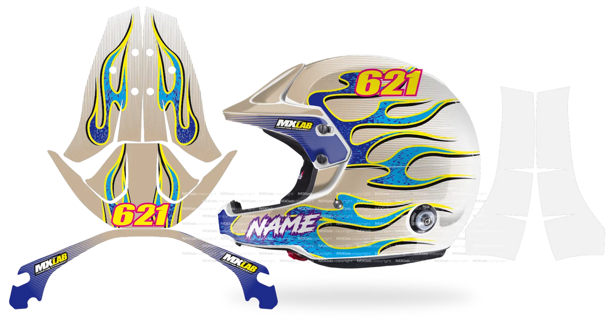 Kit déco casque Stilo Venti4 FLAME BLUE, flammes bleues sur fond blanc et beige, pièces à plat et rendu posé de profil