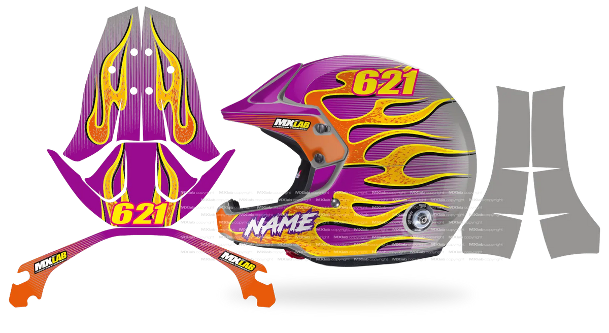 Kit déco casque Stilo Venti4 FLAME PURPLE, flammes jaunes et orange sur fond violet et gris, pièces à plat et rendu posé de profil