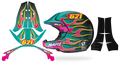 Kit déco casque Stilo Venti4 FLAME TEAL, flammes roses sur fond turquoise et noir, pièces à plat et rendu posé de profil