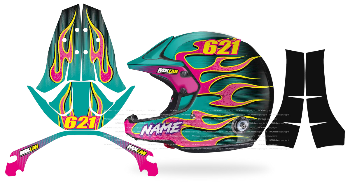Kit déco casque Stilo Venti4 FLAME TEAL, flammes roses sur fond turquoise et noir, pièces à plat et rendu posé de profil