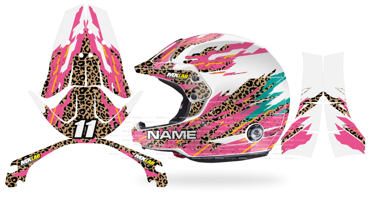 Kit déco casque Stilo Venti4 SHARD LEOPARD, motif léopard et éclats roses sur fond blanc, pièces à plat et rendu posé de profil