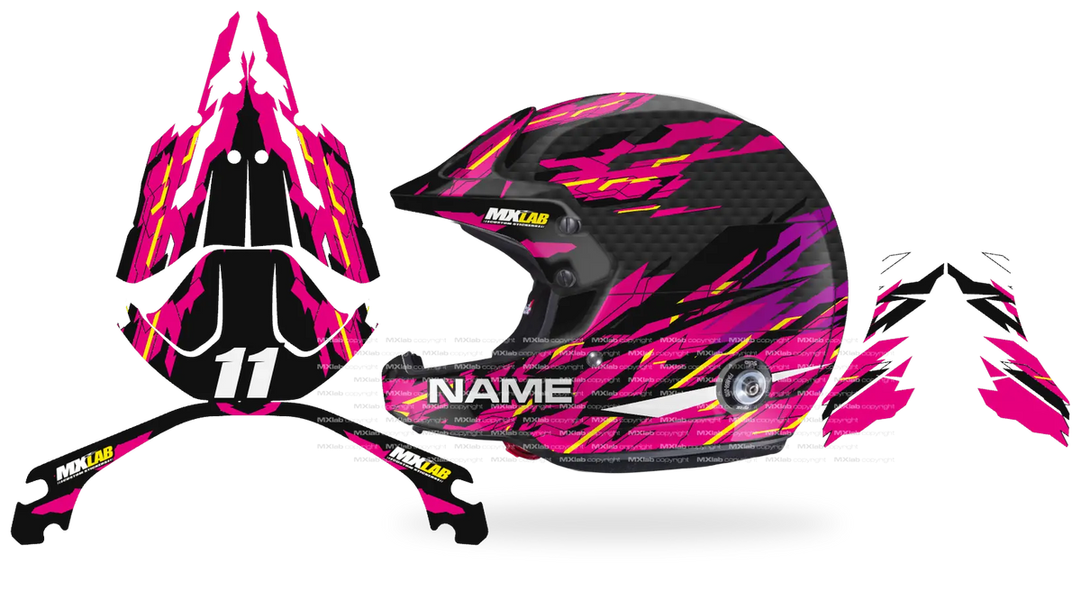 Kit déco casque Stilo Venti4 SHARD PINK, éclats roses et jaunes sur fond noir, pièces à plat et rendu posé de profil