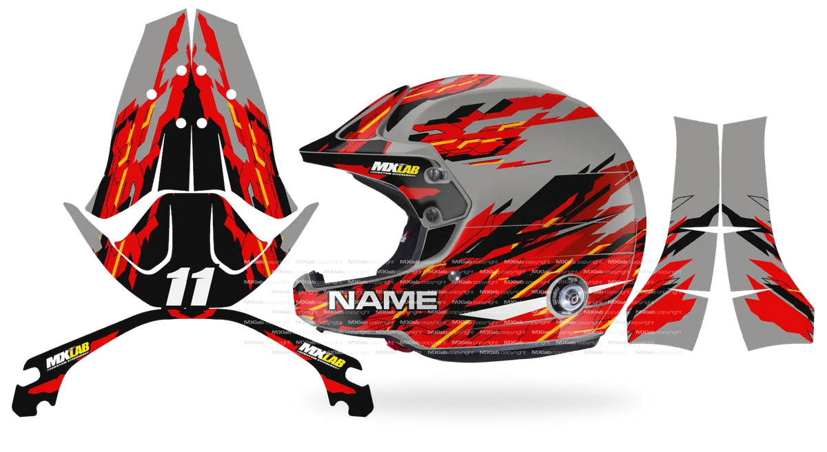 Kit déco casque Stilo Venti4 SHARD RED, éclats rouges et noirs sur fond gris, pièces à plat et rendu posé de profil
