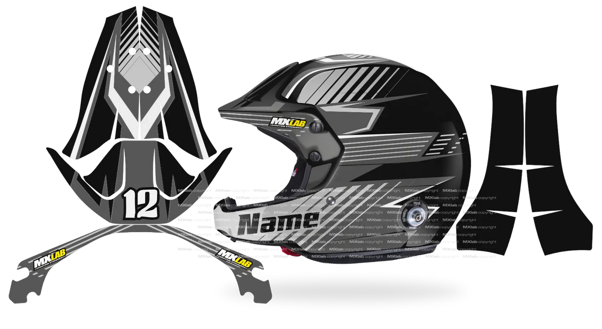 Kit déco casque Stilo Venti4 SLASH BLACK, hachures grises sur fond noir, pièces à plat et rendu posé de profil