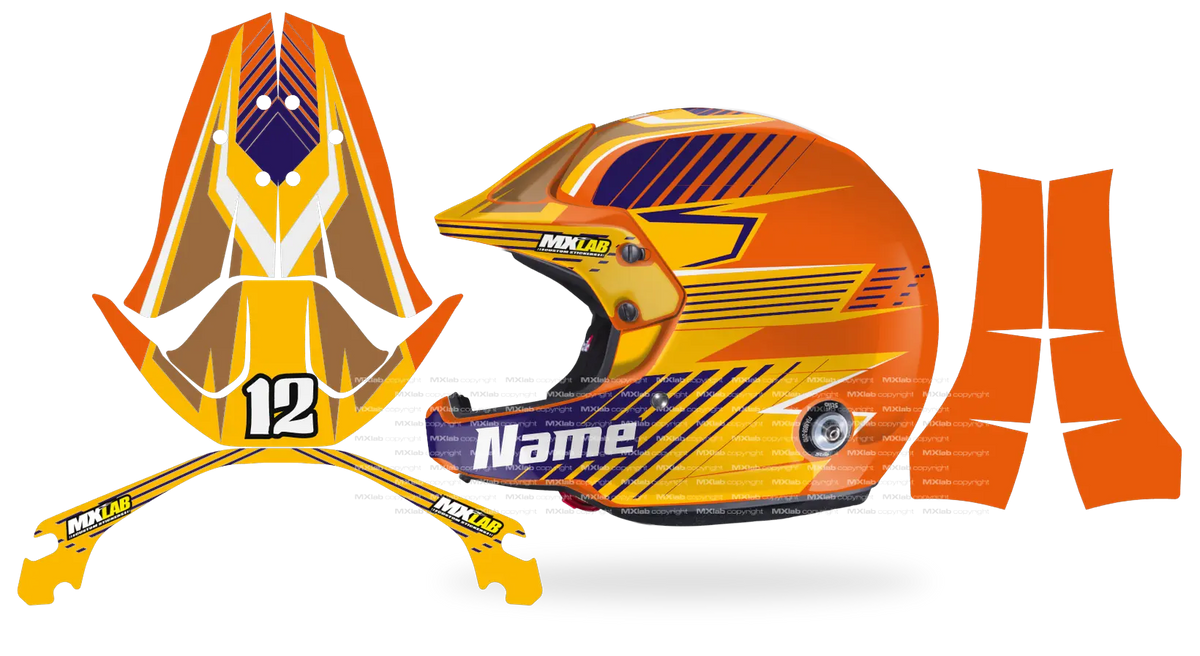 Kit déco casque Stilo Venti4 SLASH ORANGE, hachures violettes sur fond orange et jaune, pièces à plat et rendu posé de profil