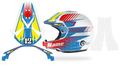 Kit déco casque Stilo Venti4 SLASH WHITE, hachures rouges et bandes bleues sur fond blanc, pièces à plat et rendu posé de profil