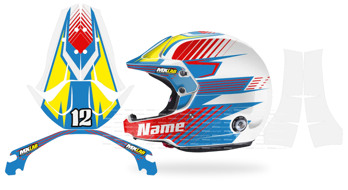 Kit déco casque Stilo Venti4 SLASH WHITE, hachures rouges et bandes bleues sur fond blanc, pièces à plat et rendu posé de profil