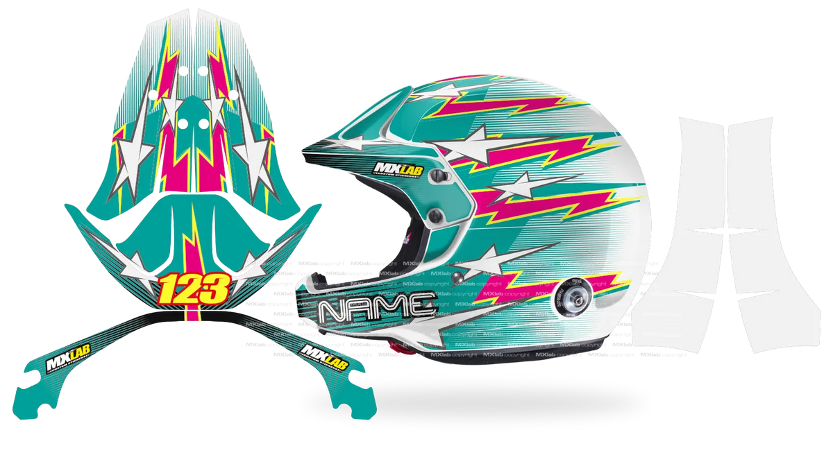 Kit déco casque Stilo Venti4 STARBOLT TEAL, étoiles blanches et éclairs roses sur fond turquoise, pièces à plat et rendu posé de profil